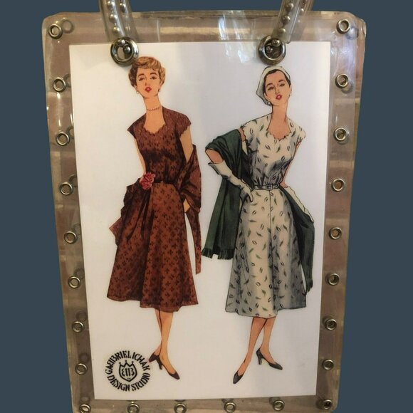 Gabriell Ichak Clear Acrylic Handbag With Vintage Fashion Print & Metal Rivets - Picture 1 of 8
